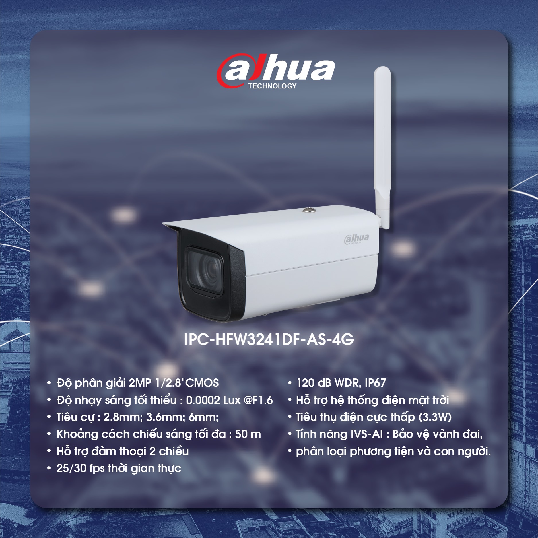 Camera IP hồng ngoại có khe sim 4G 2.0 Megapixel DAHUA DH-IPC-HFW3241DF-AS-4G (