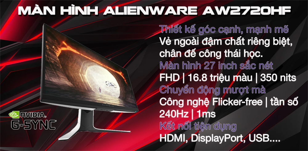 Màn hình game Dell Alienware AW2720HF (27 inch/FHD/IPS/240Hz/1ms/350  nits/HDMI+DP+USB+Audio/Gsync/Freesync)
