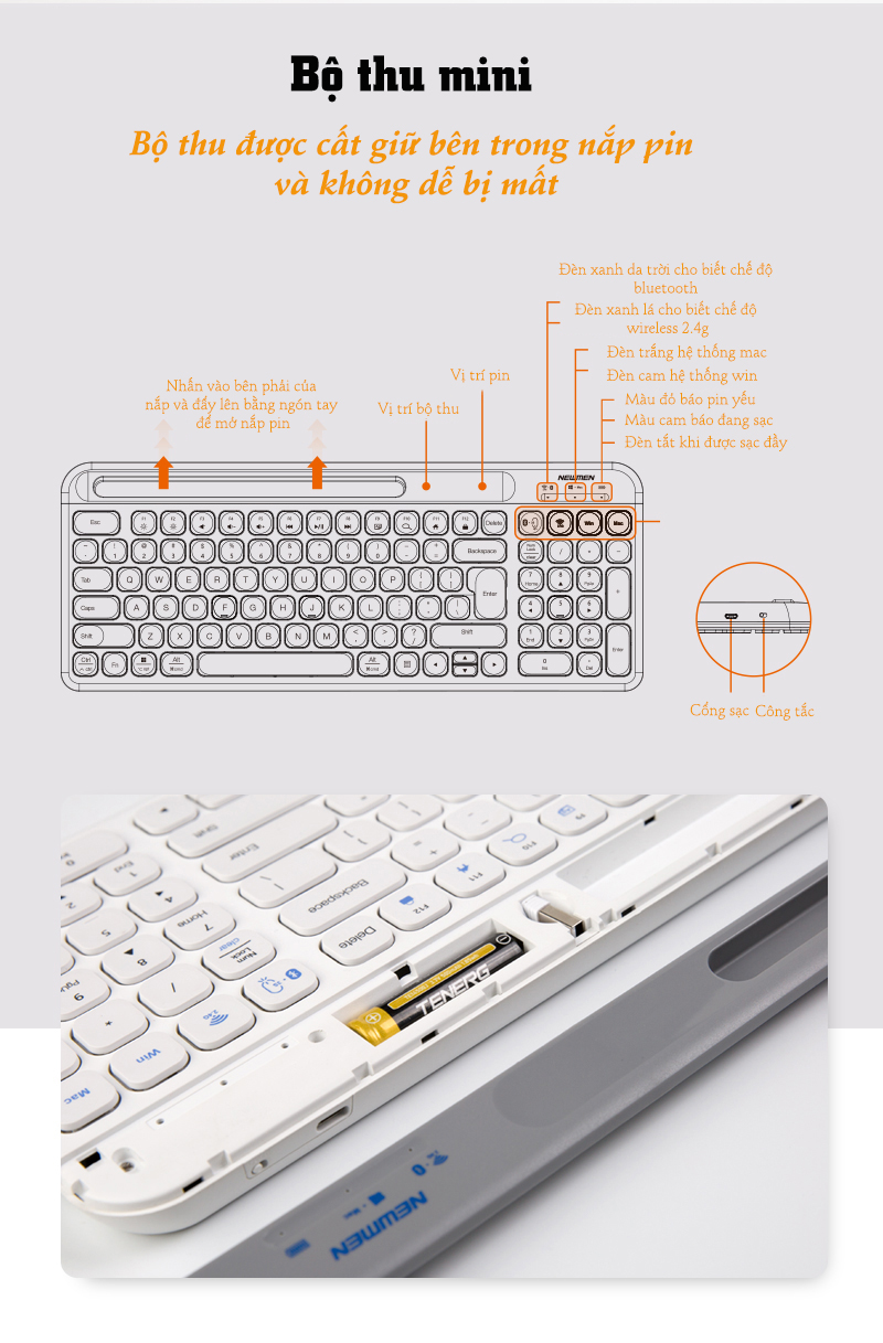 Bàn phím không dây Newmen K10 trắng (USB/Bluetooth) 4