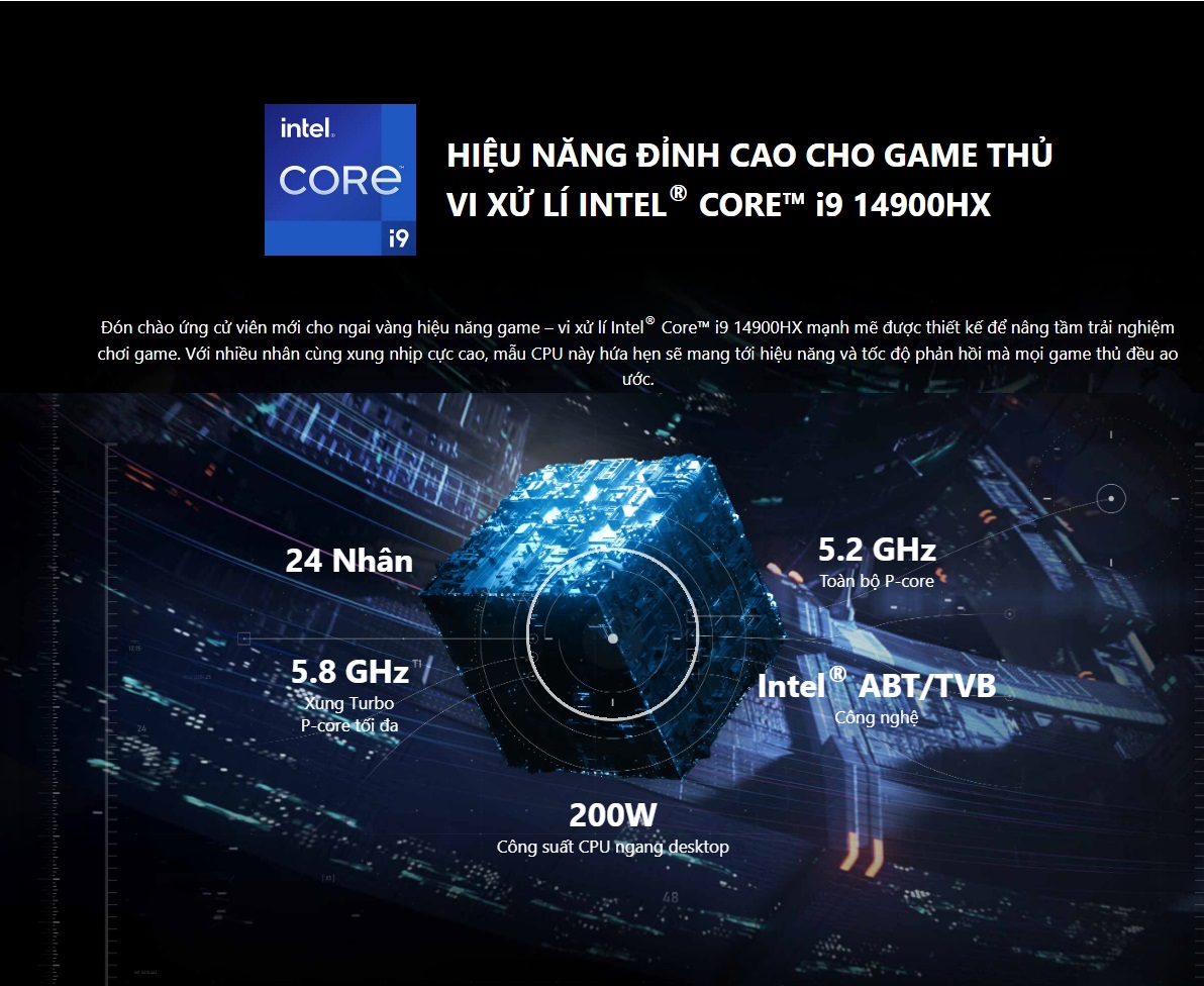 Đón chào ứng cử viên mới cho ngai vàng hiệu năng game – vi xử lí Intel® Core™ i9 14900HX mạnh mẽ được thiết kế để nâng tầm trải nghiệm chơi game. Với nhiều nhân cùng xung nhịp cực cao, mẫu CPU này hứa hẹn sẽ mang tới hiệu năng và tốc độ phản hồi mà mọi game thủ đều ao ước.
