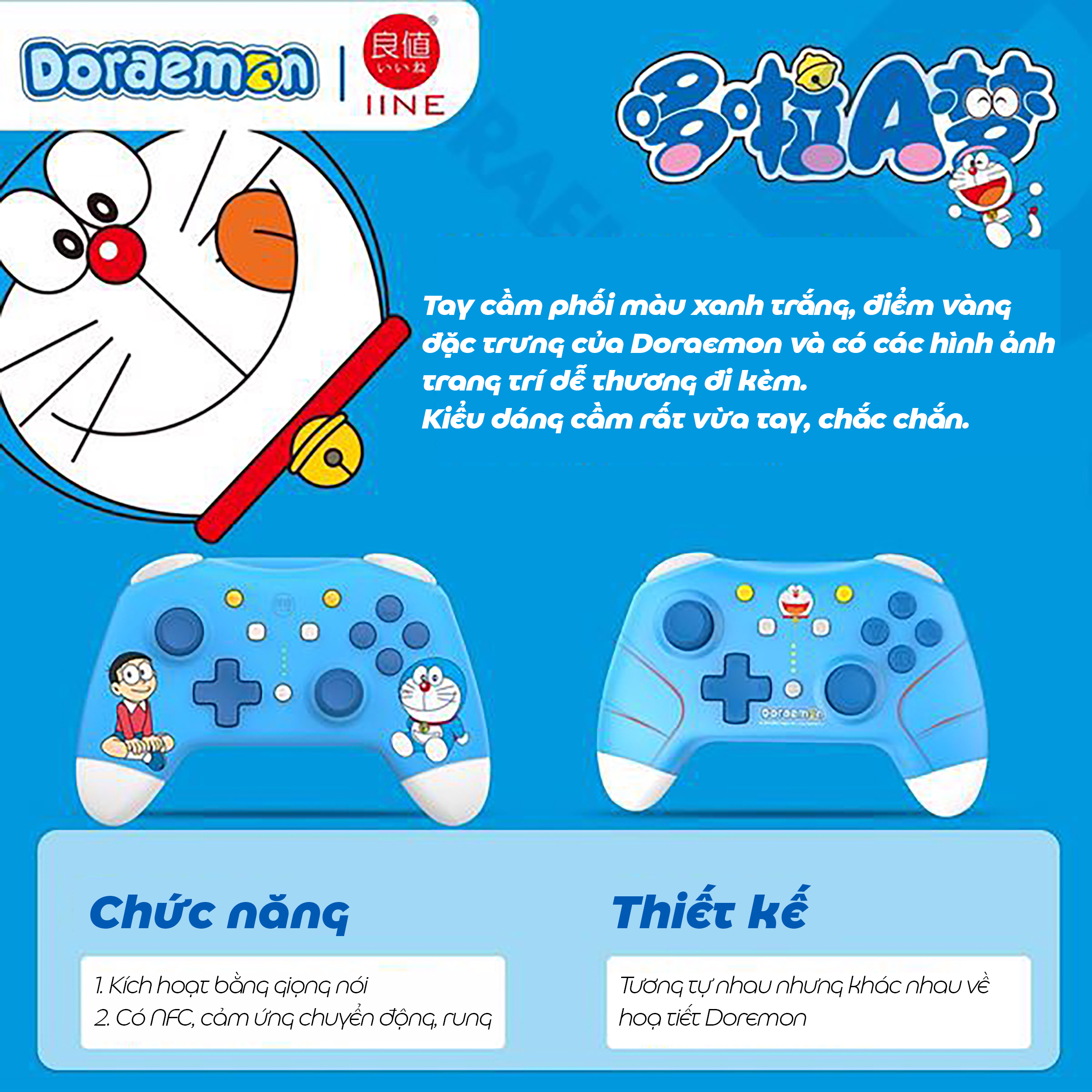 Tay cầm chơi game không dây IINE Pro Controller cho Nintendo Switch/PC, Doraemon