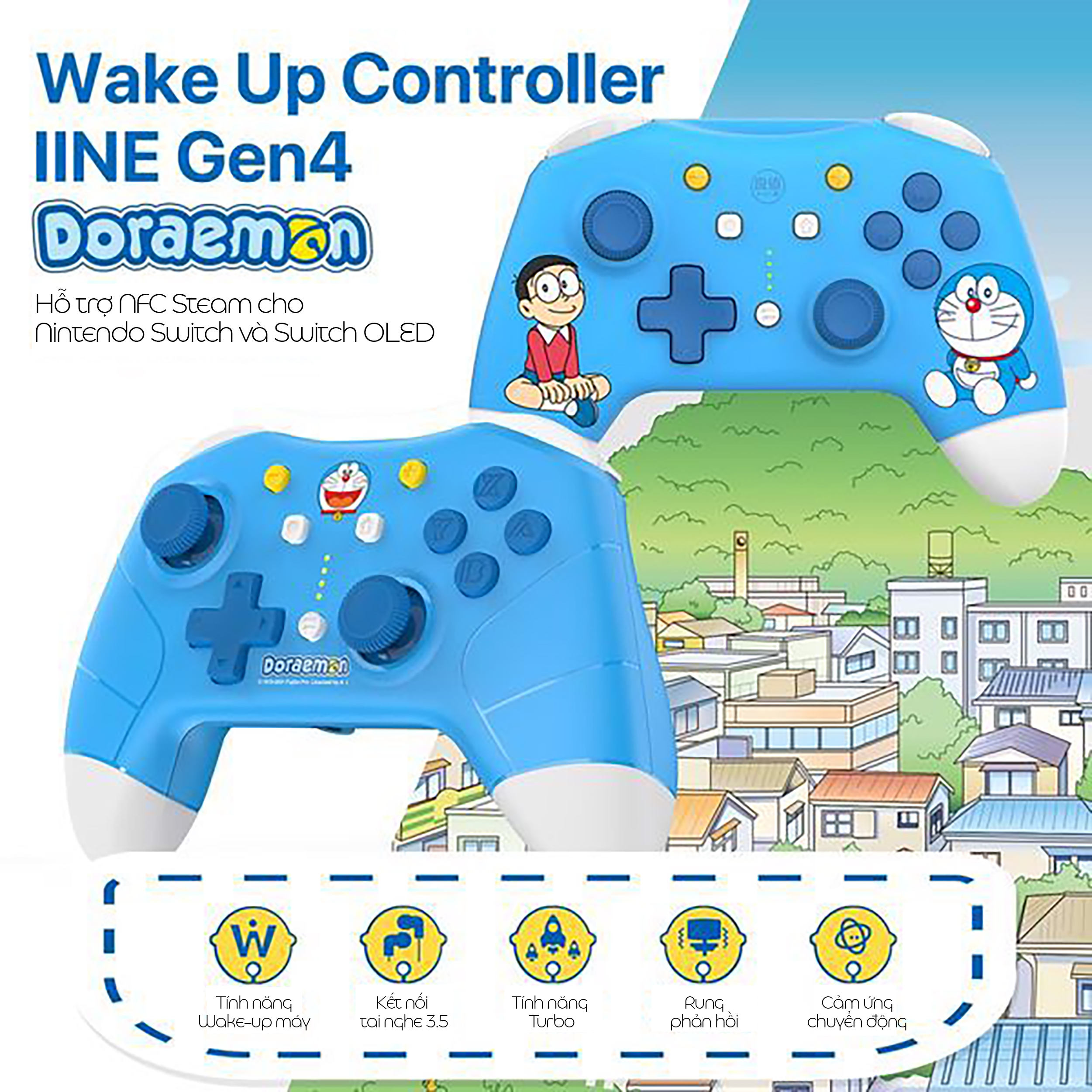 Tay cầm chơi game không dây IINE Pro Controller cho Nintendo Switch/PC, Doraemon và Nobita