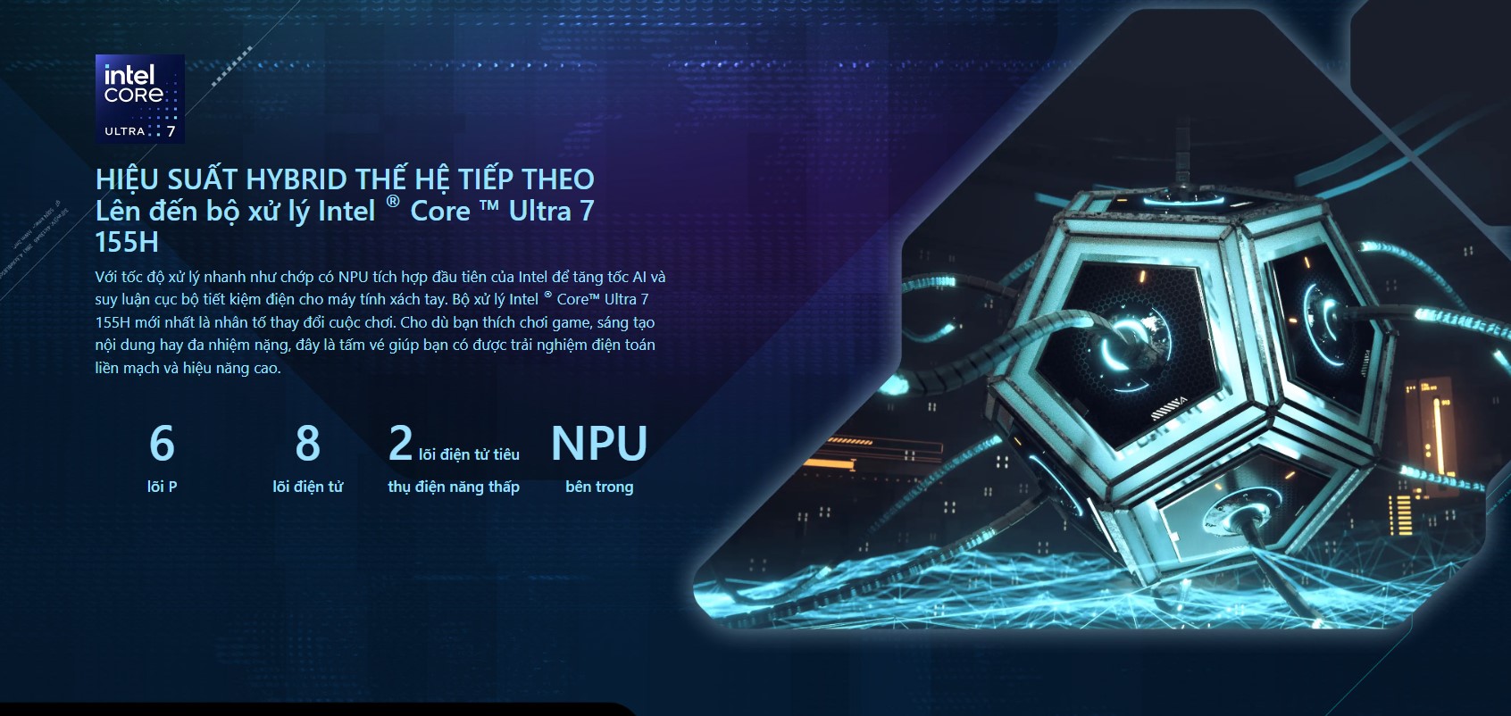 HIỆU SUẤT HYBRID THẾ HỆ TIẾP THEO Lên tới bộ xử lý Intel® Core™ Ultra 7 155H