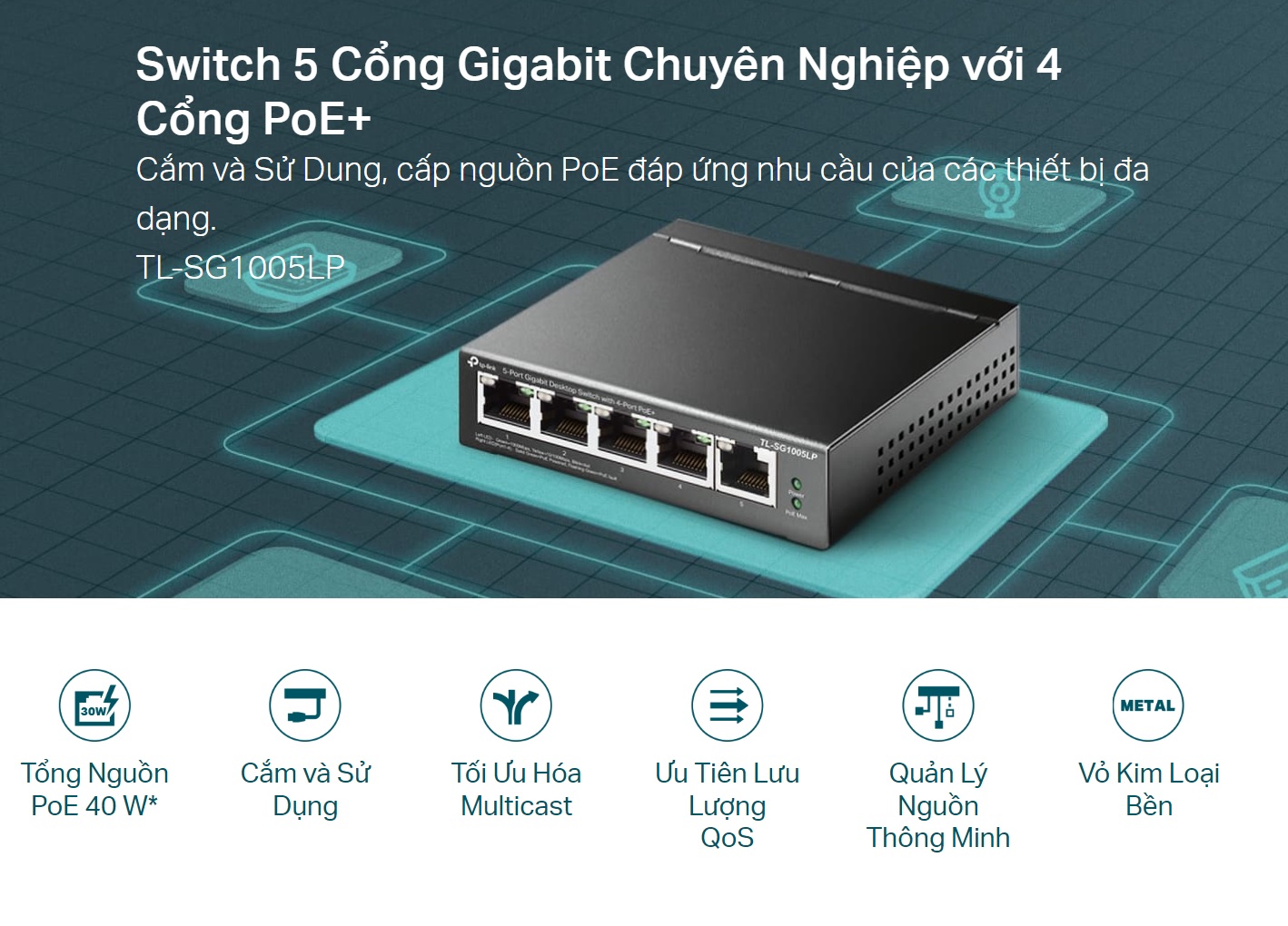 Switch TP-Link SG1005LP 5 Port Gigabit 1000Mbps (4 cổng PoE/ Vỏ Thép) 