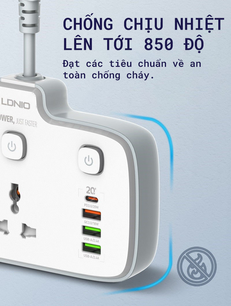 Ổ cắm điện mở rộng LDINO SC2413 - 02 chấu + 03 cổng USB-A + 01 cổng Type-C - Chuẩn chân cắm EU - Màu trắng