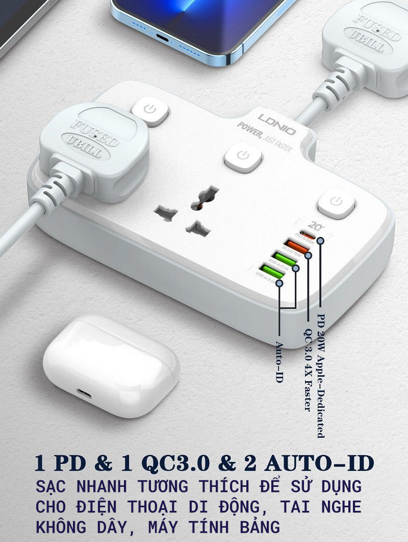 Ổ cắm điện mở rộng LDINO SC2413 - 02 chấu + 03 cổng USB-A + 01 cổng Type-C - Chuẩn chân cắm EU - Màu trắng