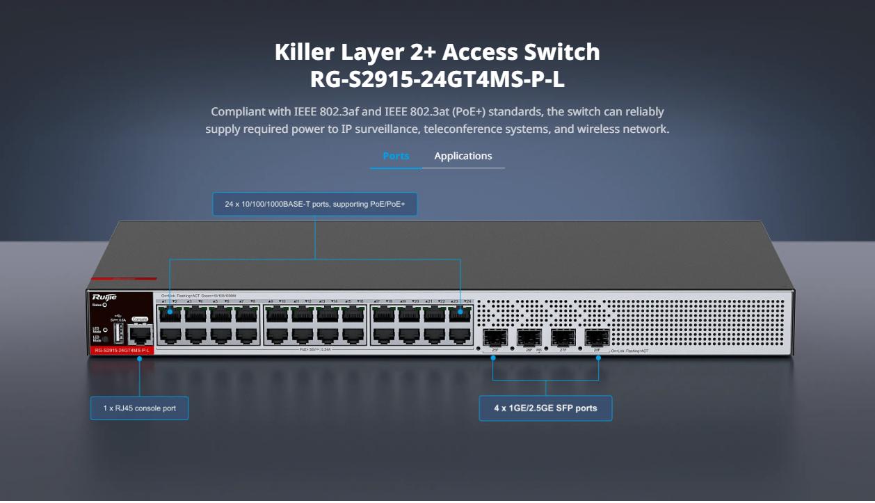 Switch RUIJIE RG-S2915-24GT4MS-P-L (Layer 2 Smart Managed 24 Cổng 10/100/1000 BASE-T POE) 