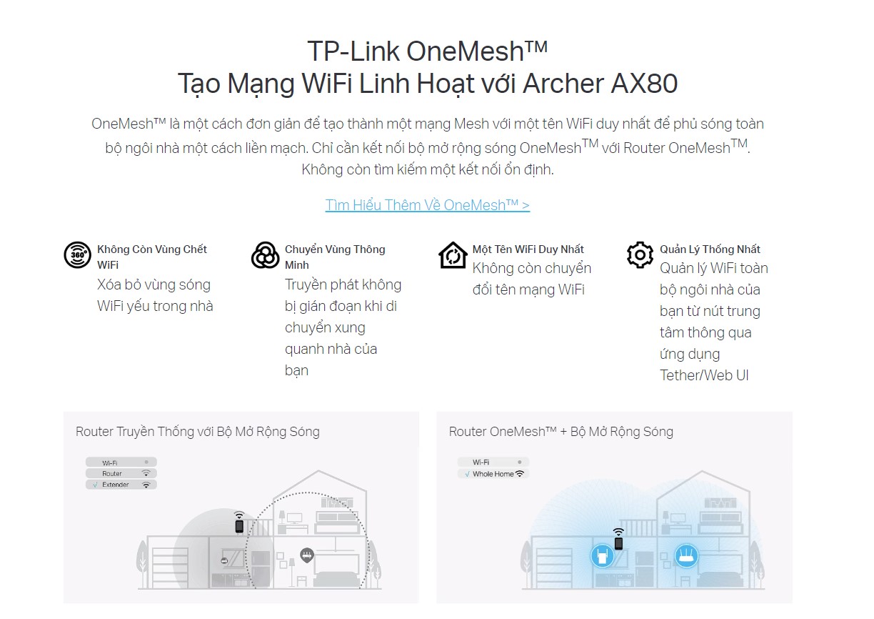 OneMesh™ là một cách đơn giản để tạo thành một mạng Mesh với một tên WiFi duy nhất để phủ sóng toàn bộ ngôi nhà một cách liền mạch. Chỉ cần kết nối bộ mở rộng sóng OneMeshTM với Router OneMeshTM. Không còn tìm kiếm một kết nối ổn định.