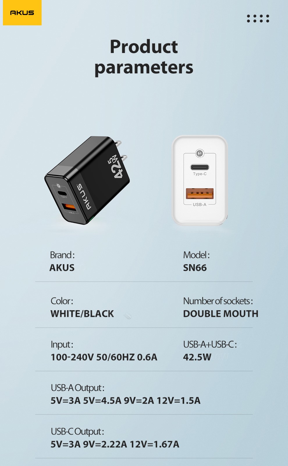 Củ sạc nhanh AKUS SN66 - PD 20W - 01 cổng USB Type A + 01 cổng Type C - Màu đen
