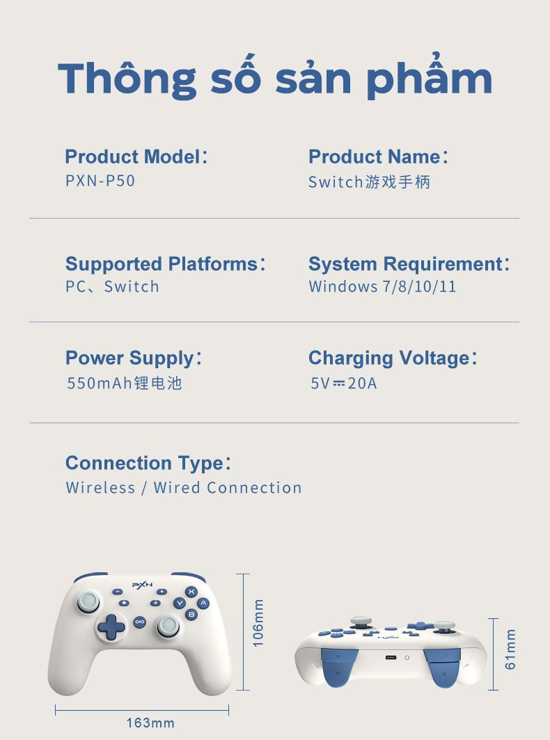 Tay cầm chơi game không dây PXN P50 cho Nintendo Switch/PC