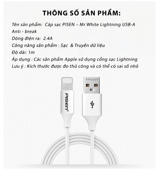 Cáp PISEN - Mr White Lightning USB-A 1m, trắng - Global 4