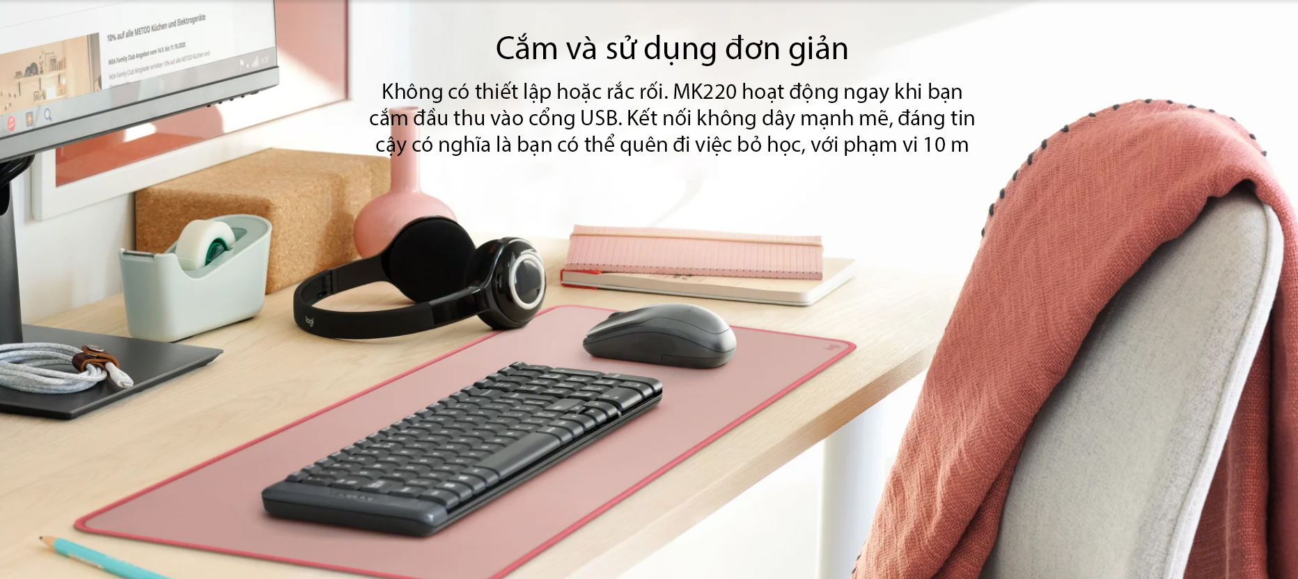 Bộ bàn phím chuột không dây Logitech MK220 Wireless (USB/đen) 3