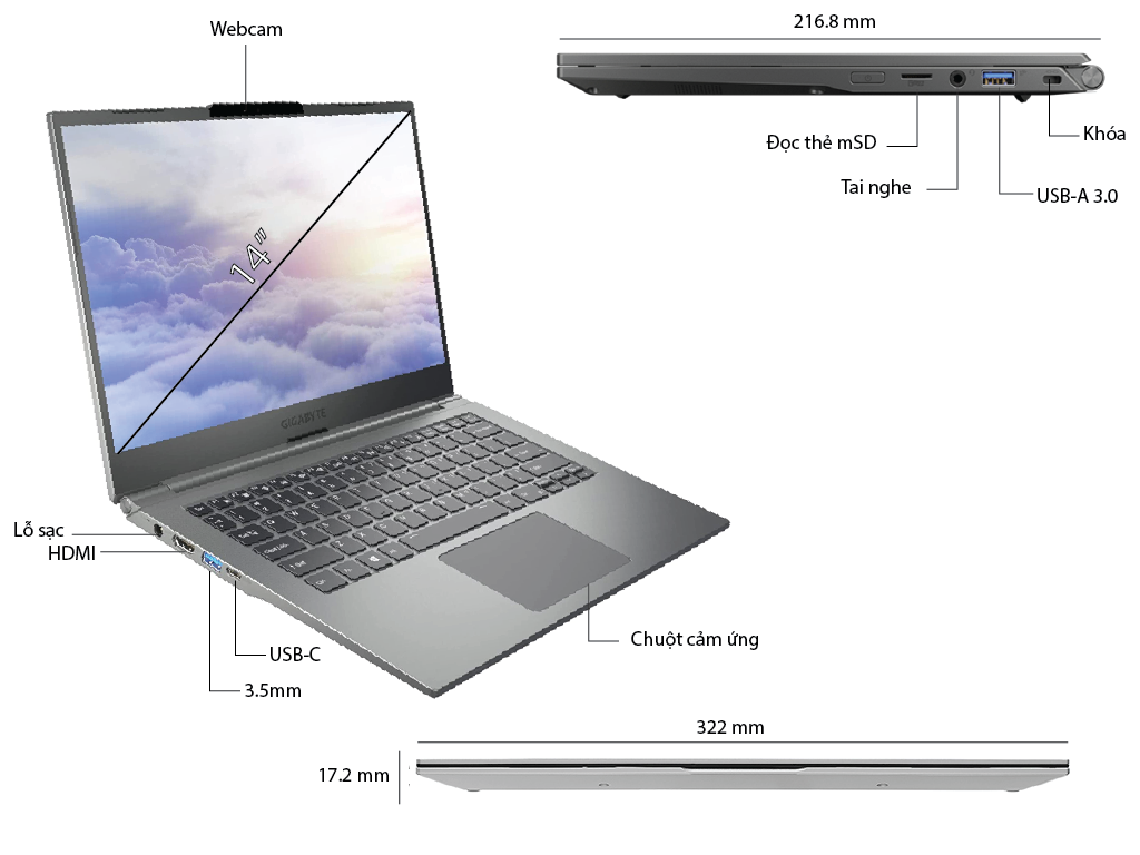 Laptop Gigabyte U4 (UD-50S1823SO) (i5 1155G7/16GB RAM/512GB SSD/14.0 inch FHD/Win11/Bạc/Vỏ nhôm/990g) (2021)