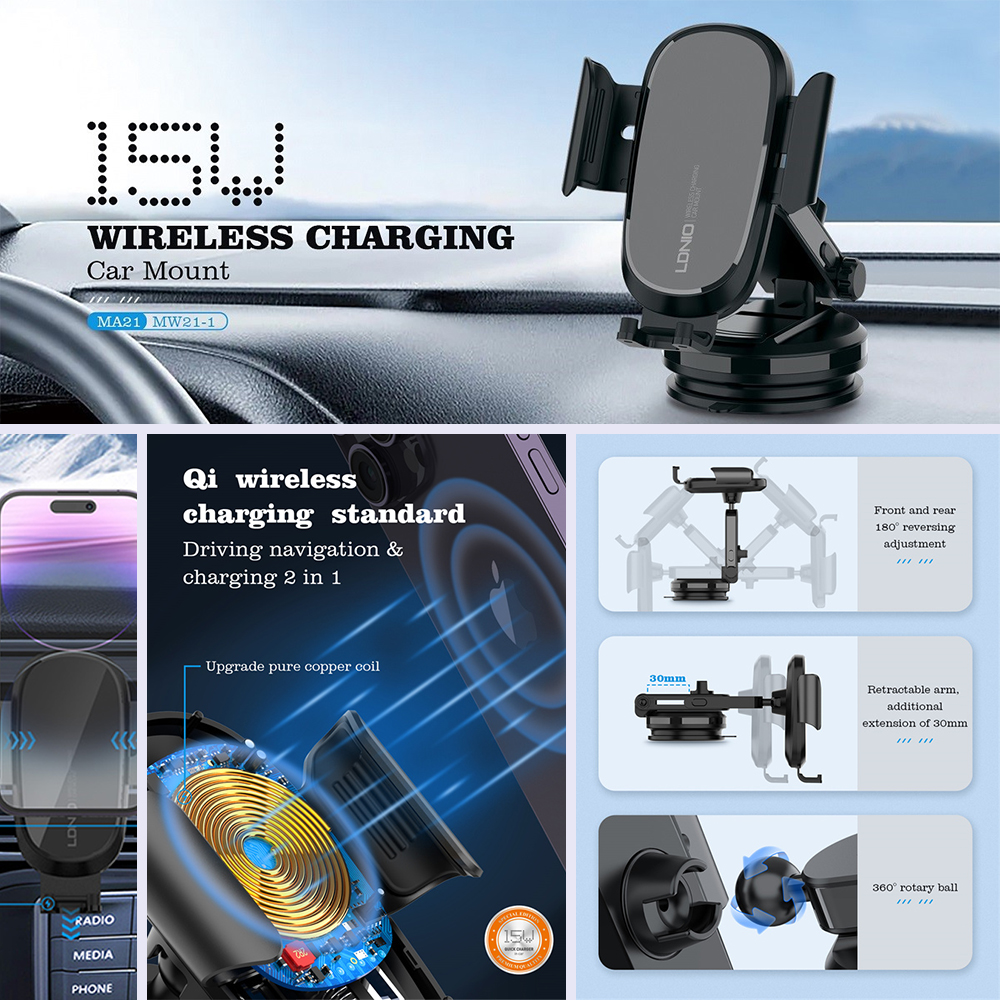 Giá đỡ điện thoại cho xe hơi LDNIO 15W Wireless Charger-MW21-1