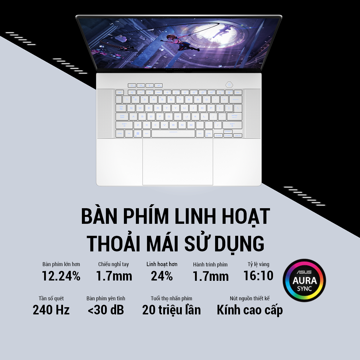 Laptop Asus Gaming ROG Zephyrus GU605MV-QR196W (Ultra 9 185H/32GB RAM/1TB SSD/16 2.5K 240hz/RTX4060 8GB/Win11/Trắng/Túi)