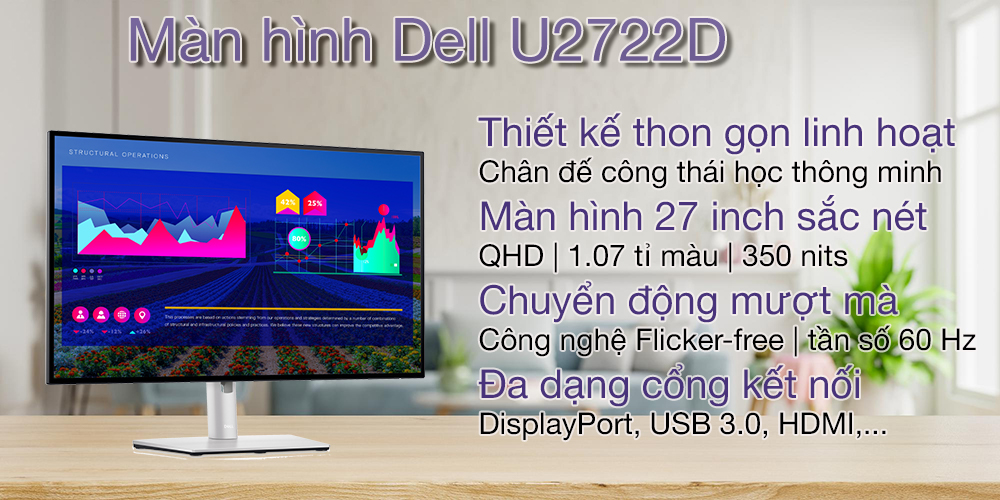 Màn hình Dell U2722D (27  inch/QHD/IPS/60Hz/8ms/350nits/HDMI+DP+USBC+USB+Audio)