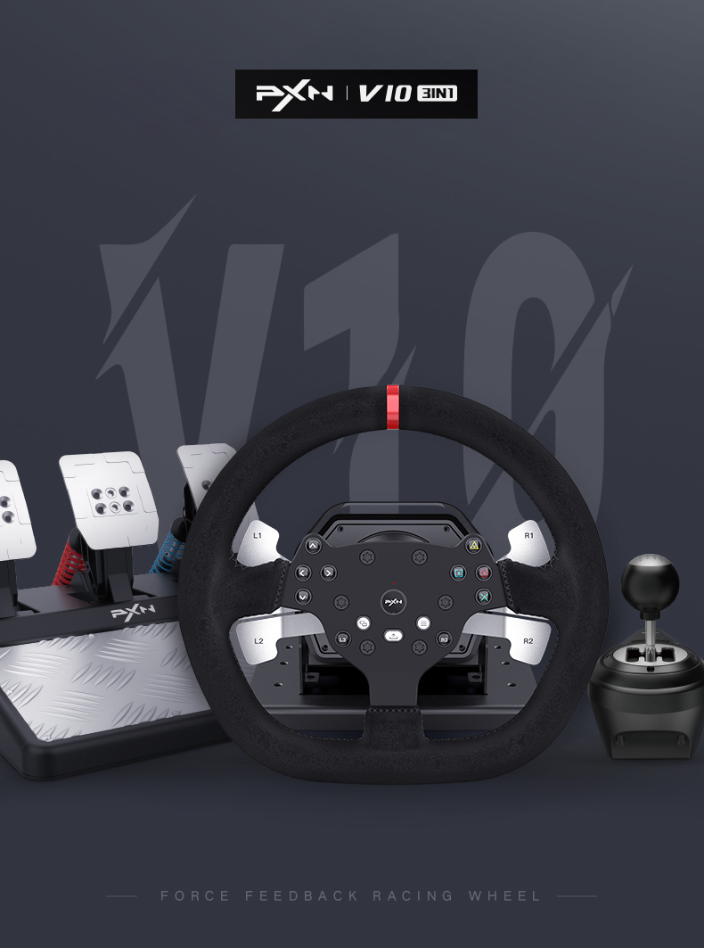 Vô lăng chơi game PXN V10 Gaming Racing Wheel (Đi kèm bàn đạp và cần số) 1