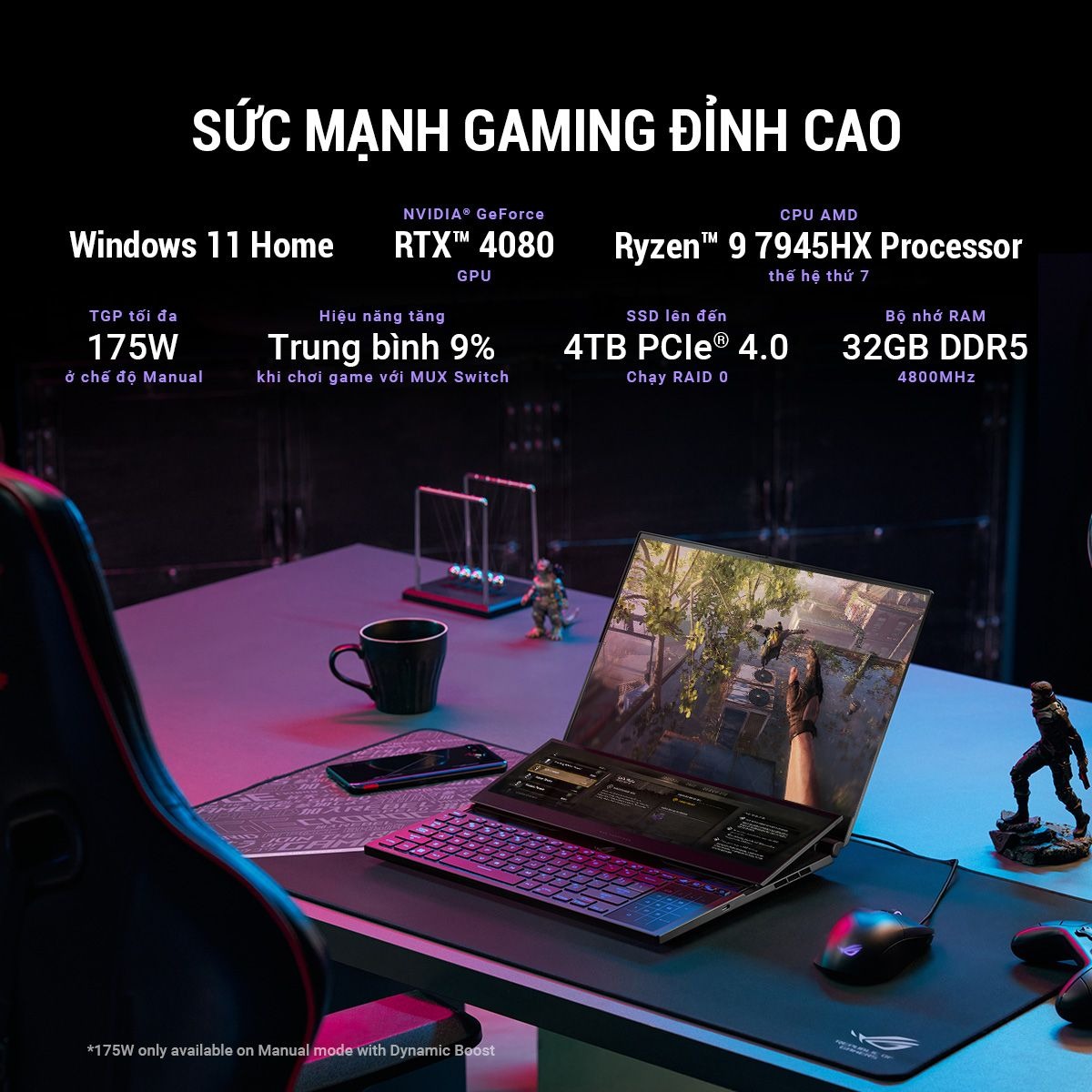 Laptop Asus Gaming Zephyrus Duo GX650PZ-NM031W (R9 7945HX/32GB RAM/1TB SSD/16 QHD 240hz/RTX 4080 12GB/Win11/Đen/Chuột/Balo) ảnh 1