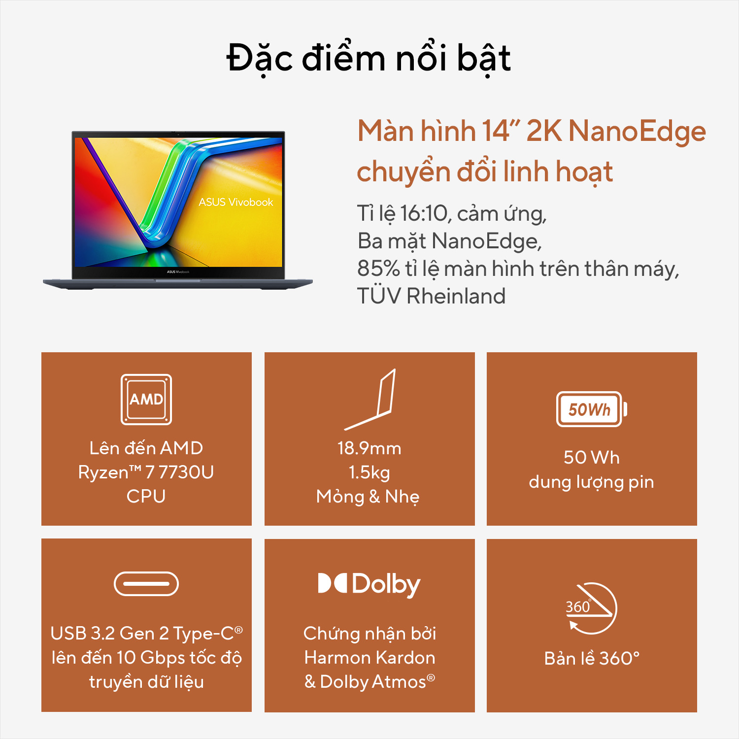 Laptop Asus VivoBook TN3402YA-LZ192W (R5 7530U/16GB RAM/512GB SSD/14 Cảm ứng/Win11/Bạc)