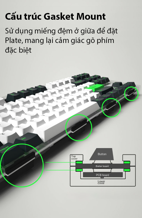 Bàn phím cơ FL-Esports GP108 CP Blackish Green White sw (Kailh Box) (USBC/RGB/Hotswap) 2