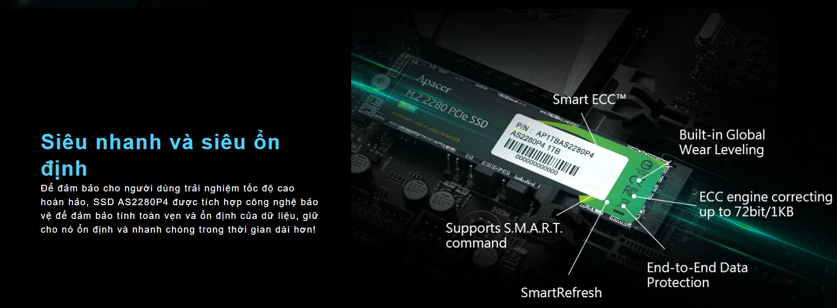 Ổ cứng SSD Apacer AS2280P4 256GB PCIe NVMe 3x4 (Đọc 2100Mb/s - Ghi 1300Mb/s) - (AP256GAS2280P4-1)