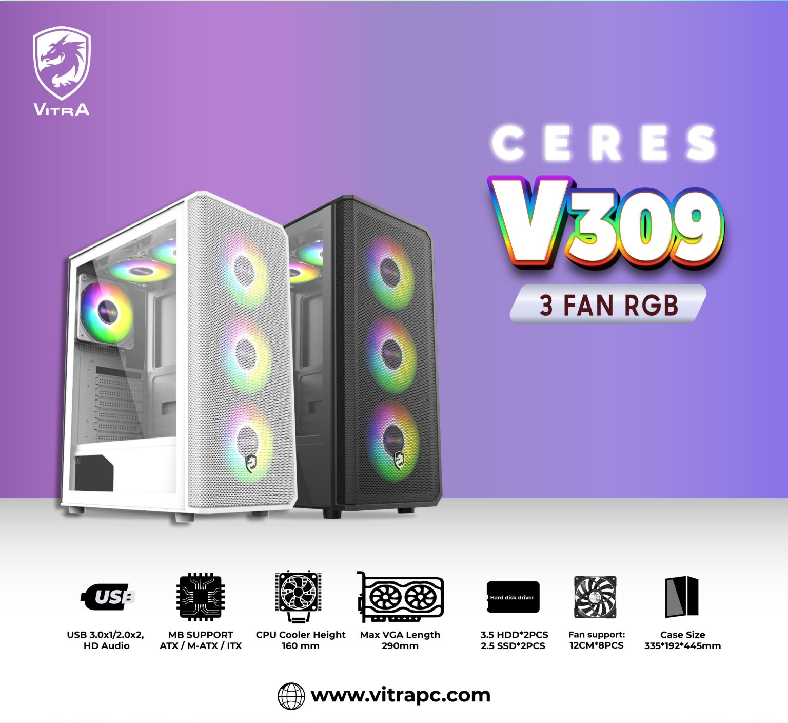 Vỏ Case VITRA CERES V309 BLACK 1FAN RGB (ATX/Màu Đen) 