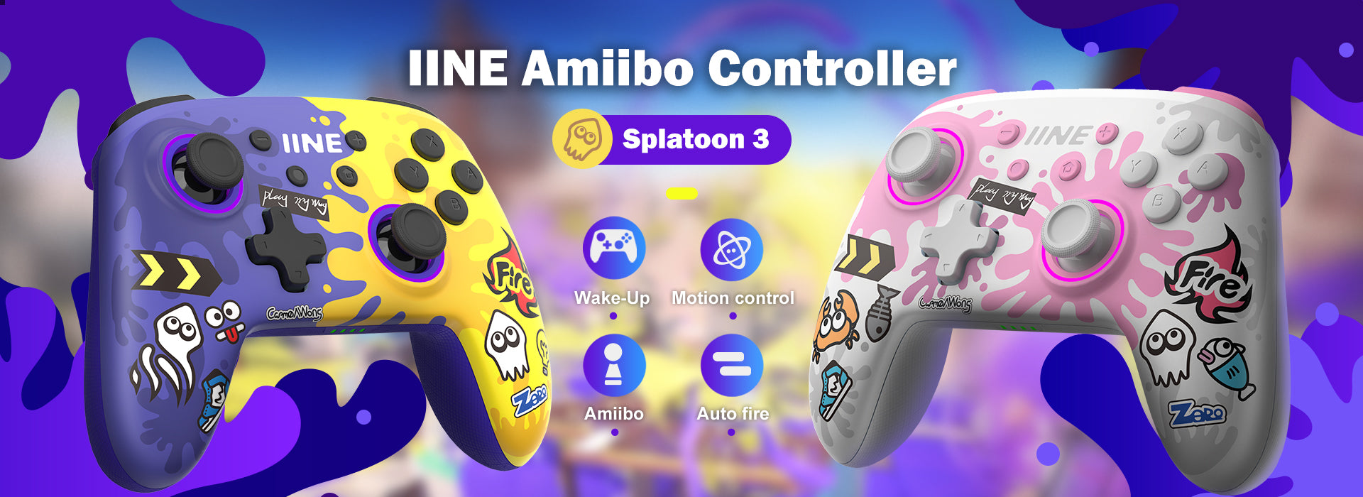 Tay cầm chơi game IINE Splatoon 3 cho Nintendo Switch/Switch Lite/Switch OLED ,Màu Tím Pha Vàng 1