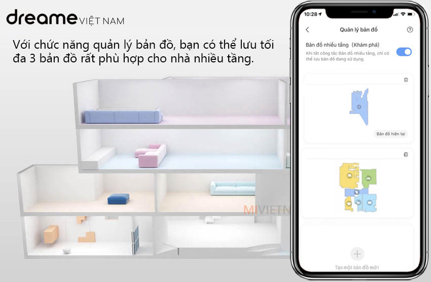 Robot hút bụi lau nhà Dreame D9 Max là một sản phẩm mới được ra mắt của hãng Dreame Technology trong năm 2022. Sản phẩm Dreame D9 Max là bản nâng cấp từ thế hệ cũ Dreame D9 vốn đã rất thành công trước đó. Tính năng mới được cải tiến như lực hút lên tới 4000Pa, bình chứa nước điện tử cũng hiệu quả hơn, yên tĩnh hơn và tự chủ hơn so với thế hệ trước.   Dreame D9 Max vẫn duy trì hệ thống tích hợp Wi-Fi, kết nối App Mi Home thông minh giao diện Tiếng Việt cho phép bạn điều khiển trực tiếp từ điện thoại của mình từ mọi nơi, mọi góc ngách trên thế giới. Dung lượng pin cơ bản là 5200mAh hoạt động lên tới 150 phút, trong thời gian đó robot có thể làm sạch hoàn toàn một căn phòng lớn.  Thiết kế hiện đại Dreame D9 Max được trang bị hệ thống bao bọc bởi một màu đen bóng cao cấp, điều này tạo cho robot một sự sang trọng và được trang bị lực hút lên tới 4000Pa. Nhờ chiều cao thấp, máy hút bụi có thể làm sạch ngay cả ở những nơi khó tiếp cận. Trong khi dọn dẹp, ứng dụng sẽ vẽ sơ đồ tuyến đường đi, cũng như khu vực mà robot đã làm việc.    Dreame D9 Max được trang bị hệ thống mắt thần LDS Laser mới nhất hiện nay, cho phép robot nhận được thông tin chính xác về môi trường và các chướng ngại vật có thể xảy ra trên khu vực làm việc của robot.    Với những khu vực bạn không muốn robot dọn dẹp như: khi con trẻ đang vui chơi, hay không cho robot vào khu vực WC, bạn chỉ cần sử dụng chức năng TƯỜNG ẢO/KHU VỰC CẤM trên App Mi Home để tạo các vùng không cho robot tiếp cận. Trong trường hợp bạn muốn cho Robot chỉ dọn dẹp 1 khu vực nhất định bạn chỉ cần vào tuỳ chọn KHU VỰC HOẠT ĐỘNG, ở đây sẽ có thiết lập giúp robot chỉ làm việc những khu vực chỉ định, giúp tiết kiệm thời gian hơn.    Dreame D9 Max tự động vẽ bản đồ thời gian thực với ứng dụng Mi Home giao diện Tiếng Việt trực quan, bạn có thể theo dõi quá trình làm việc của robot, mắt thần Laser LDS sẽ giúp robot đi từng ngóc ngách trong nhà của bạn để đảm bảo không bỏ sót một vị trí nào trong ngôi nhà của bạn.            Dreame D9 Max được trang bị một viên pin cực kì lớn là 5.200 mAh và cho khả năng dọn dẹp phòng lên đến 250 mét vuông trong một lần sạc.. Kết hợp với một hệ thống tự động sạc lại pin, khi dung lượng pin gần hết ( dưới 20%), robot sẽ tự động quay trở về dock sạc để sạc pin và sau đó tiếp tục công việc của robot ở nơi robot bị gián đoạn khi gần hết pin.      Hệ thống quản lý pin thông minh BMS giúp robot Dreame D9 Max hoạt động tiết kiệm pin, khả năng tiêu hao điện năng thấp. Điều này giúp robot có thể hoạt động trong một thời gian dài có thể lên tới 150 phút cho một lần sạc