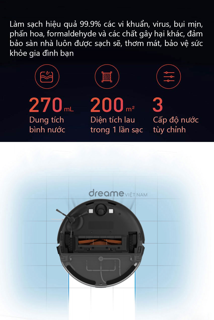 Robot hút bụi lau nhà Dreame D9 Max là một sản phẩm mới được ra mắt của hãng Dreame Technology trong năm 2022. Sản phẩm Dreame D9 Max là bản nâng cấp từ thế hệ cũ Dreame D9 vốn đã rất thành công trước đó. Tính năng mới được cải tiến như lực hút lên tới 4000Pa, bình chứa nước điện tử cũng hiệu quả hơn, yên tĩnh hơn và tự chủ hơn so với thế hệ trước.   Dreame D9 Max vẫn duy trì hệ thống tích hợp Wi-Fi, kết nối App Mi Home thông minh giao diện Tiếng Việt cho phép bạn điều khiển trực tiếp từ điện thoại của mình từ mọi nơi, mọi góc ngách trên thế giới. Dung lượng pin cơ bản là 5200mAh hoạt động lên tới 150 phút, trong thời gian đó robot có thể làm sạch hoàn toàn một căn phòng lớn.  Thiết kế hiện đại Dreame D9 Max được trang bị hệ thống bao bọc bởi một màu đen bóng cao cấp, điều này tạo cho robot một sự sang trọng và được trang bị lực hút lên tới 4000Pa. Nhờ chiều cao thấp, máy hút bụi có thể làm sạch ngay cả ở những nơi khó tiếp cận. Trong khi dọn dẹp, ứng dụng sẽ vẽ sơ đồ tuyến đường đi, cũng như khu vực mà robot đã làm việc.    Dreame D9 Max được trang bị hệ thống mắt thần LDS Laser mới nhất hiện nay, cho phép robot nhận được thông tin chính xác về môi trường và các chướng ngại vật có thể xảy ra trên khu vực làm việc của robot.    Với những khu vực bạn không muốn robot dọn dẹp như: khi con trẻ đang vui chơi, hay không cho robot vào khu vực WC, bạn chỉ cần sử dụng chức năng TƯỜNG ẢO/KHU VỰC CẤM trên App Mi Home để tạo các vùng không cho robot tiếp cận. Trong trường hợp bạn muốn cho Robot chỉ dọn dẹp 1 khu vực nhất định bạn chỉ cần vào tuỳ chọn KHU VỰC HOẠT ĐỘNG, ở đây sẽ có thiết lập giúp robot chỉ làm việc những khu vực chỉ định, giúp tiết kiệm thời gian hơn.    Dreame D9 Max tự động vẽ bản đồ thời gian thực với ứng dụng Mi Home giao diện Tiếng Việt trực quan, bạn có thể theo dõi quá trình làm việc của robot, mắt thần Laser LDS sẽ giúp robot đi từng ngóc ngách trong nhà của bạn để đảm bảo không bỏ sót một vị trí nào trong ngôi nhà của bạn.            Dreame D9 Max được trang bị một viên pin cực kì lớn là 5.200 mAh và cho khả năng dọn dẹp phòng lên đến 250 mét vuông trong một lần sạc.. Kết hợp với một hệ thống tự động sạc lại pin, khi dung lượng pin gần hết ( dưới 20%), robot sẽ tự động quay trở về dock sạc để sạc pin và sau đó tiếp tục công việc của robot ở nơi robot bị gián đoạn khi gần hết pin.      Hệ thống quản lý pin thông minh BMS giúp robot Dreame D9 Max hoạt động tiết kiệm pin, khả năng tiêu hao điện năng thấp. Điều này giúp robot có thể hoạt động trong một thời gian dài có thể lên tới 150 phút cho một lần sạc