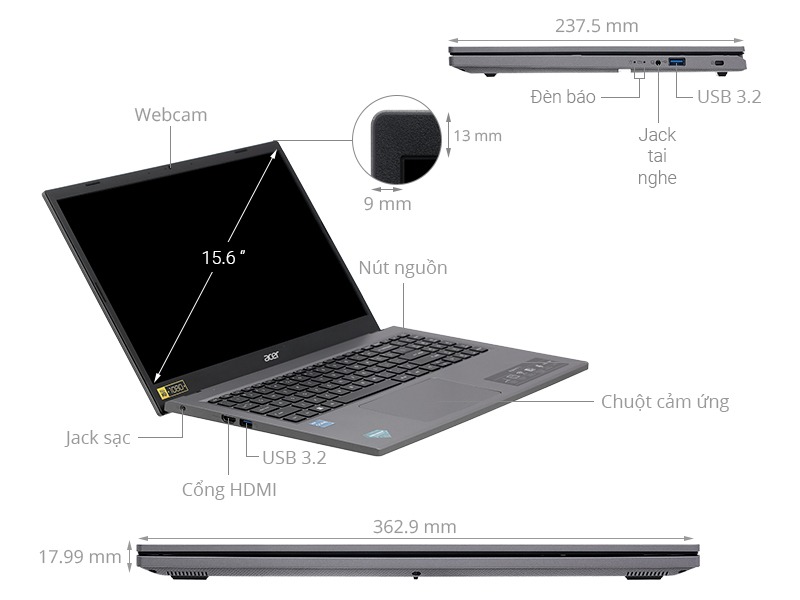 Laptop Acer Aspire 5 A515-58P-774R (NX.KHJSV.005) (i7 1355U16GB RAM/512GB SSD/15.6 inch FHD IPS/Win11/Xám) (2023)