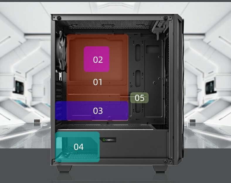 Vỏ Case GAMEMAX Diamond (Mid Tower/Màu Đen/Led RGB) hỗ trợ mainboard kích thước ATX và khay nguồn có khoét hở