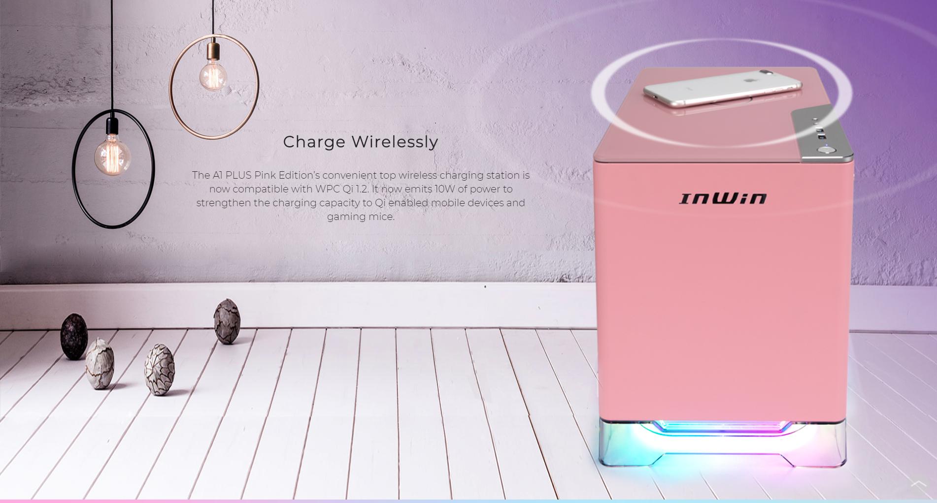 InWin A1 Plus Pink QI Charger - Full Side Tempered Glass Mini ITX hỗ trợ sạc không dây