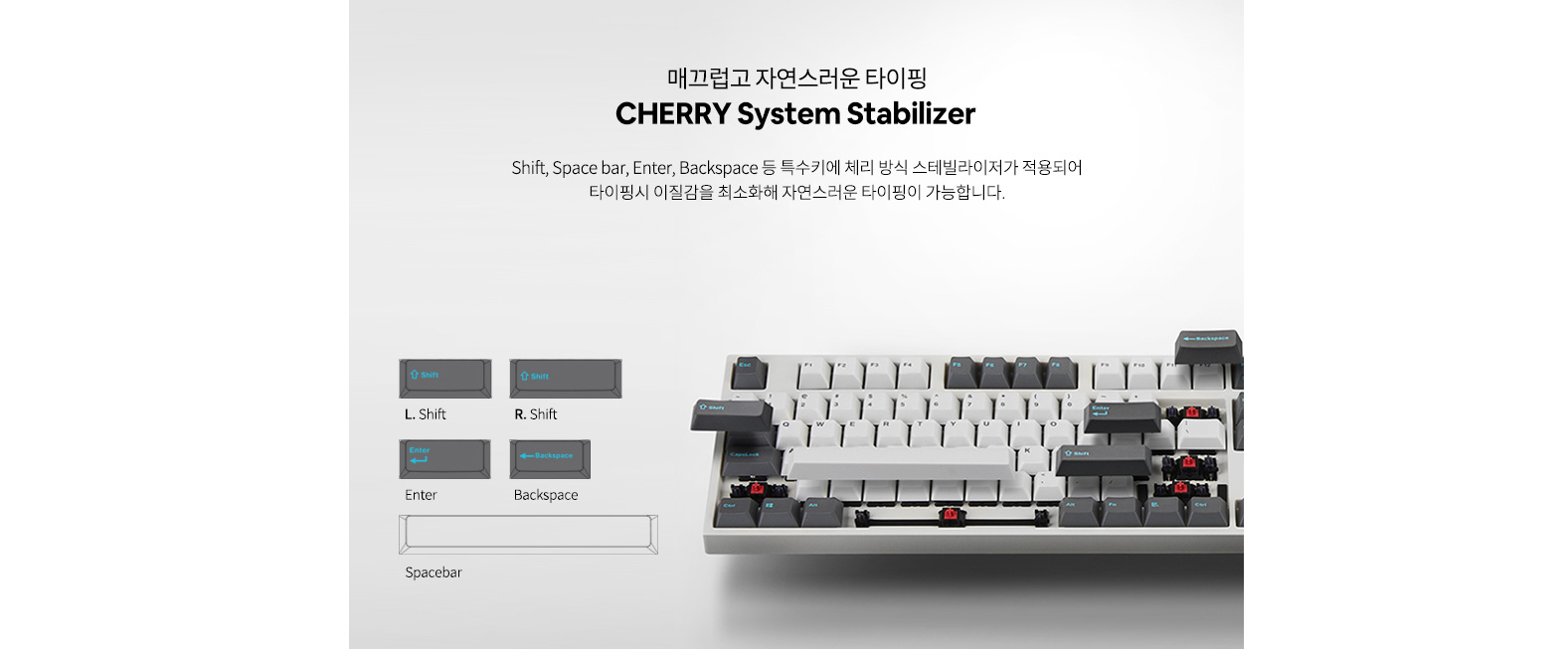 Bàn phím cơ Leopold FC750RPD White Dark Grey Cherry Red Switch được cải tiến về stabilizer cho cảm giác gõ mượt mà