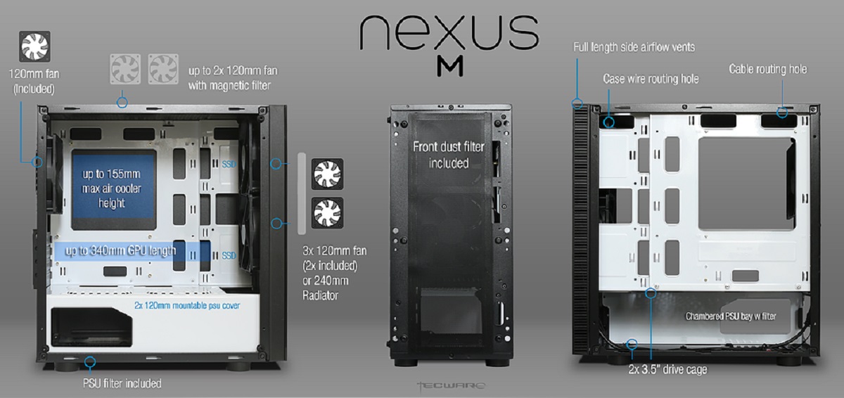 Vỏ Case Nexus M Black/White (Mid Tower/Màu Đen Trắng) tùy chọn kèm theo quạt