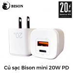 Củ sạc nhanh Bison BCH-001 - PD 20W - 01 cổng Type C + 01 cổng USB - Màu trắng