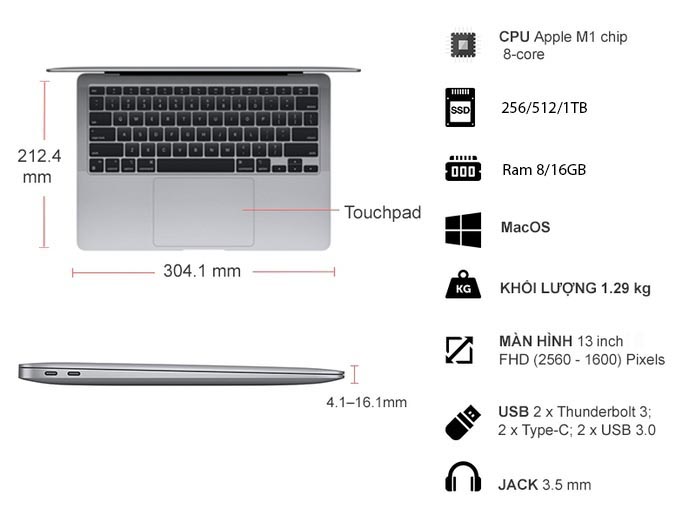 Apple Macbook Air 13 (MGN63SA/A) (Apple M1/8GB RAM/256GB SSD/13.3 inch IPS/Mac OS/Xám) (NEW)