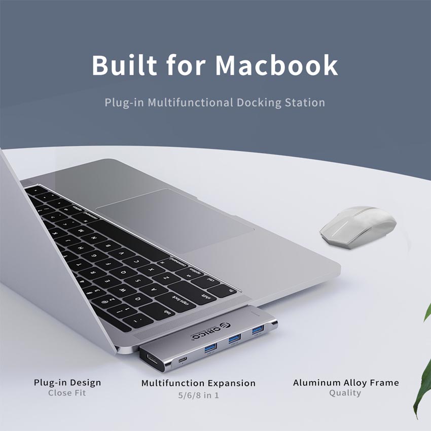 Đế cắm đa năng 5 trong 1 cho MacBook Orico 2CT-5H-GY (Từ 2 cổng TypeC sang 3 cổng USB3.0, 1 cổng HDMI và 1 Type C hỗ trợ Thunderbolt3)