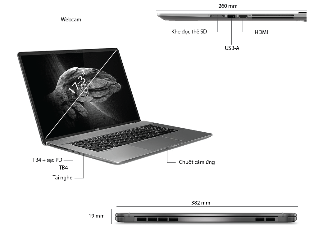 Laptop MSI Creator Z17 (A12UGST-051VN) (i9 12900H 32GB RAM/2TB SSD/RTX3070Ti Max Q 8G/17.0 inch QHD+ 165Hz Touch/Win 11/Xám) (2022