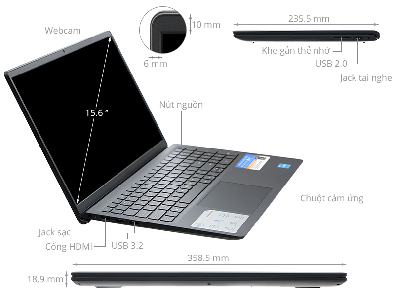  Laptop Dell Inspiron 3511 (5101BLK) (i5 1135G7 8GBRAM/256GB SSD/15.6 inch FHD Cảm ứng/Win11/Đen) (NK_Bảo hành tại HACOM)