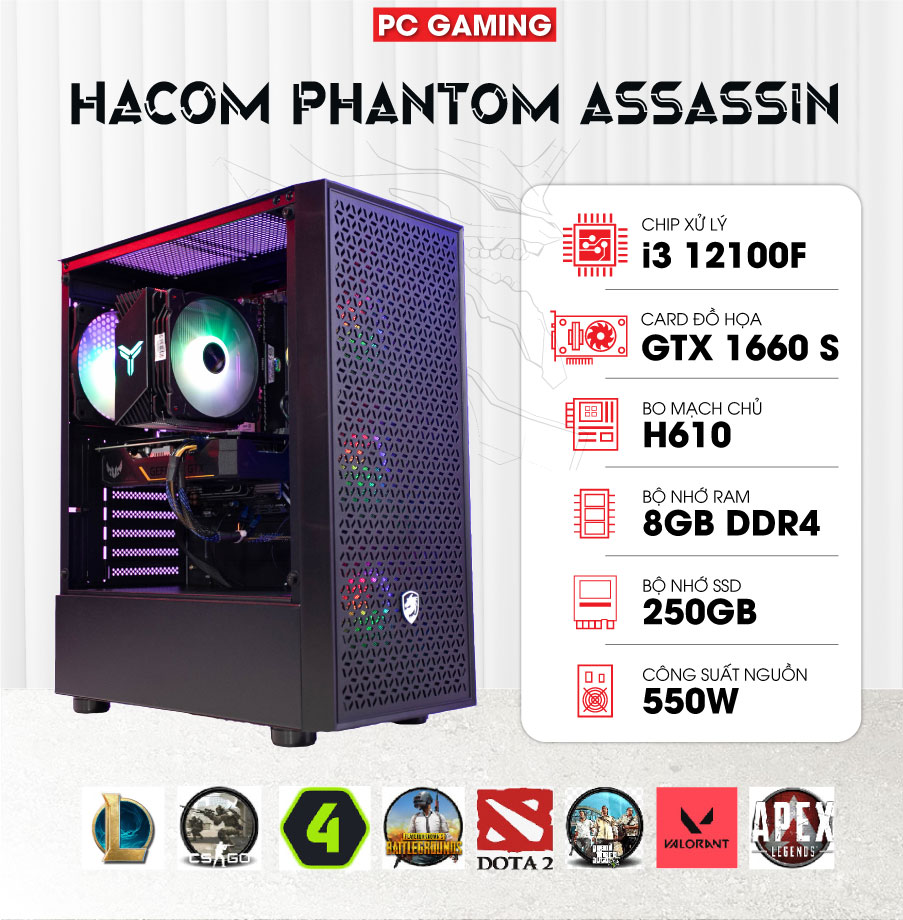 PC GAMING HACOM PHANTOM ASSASSIN (i3 12100F/H610/8GB RAM/250GB SSD/GTX 1660 SUPER/550W)