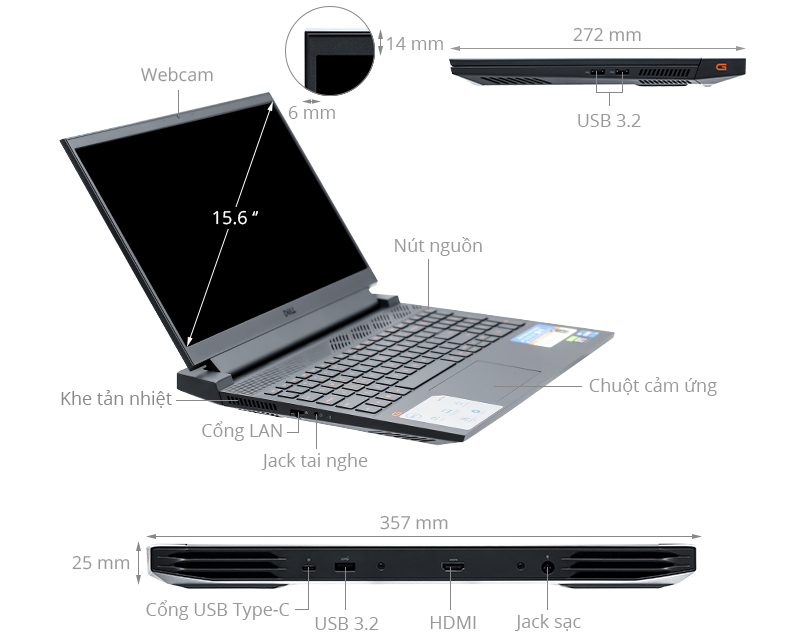 Laptop Dell Gaming G15 5511 (70283449) (i5 11400H/16GB/512GB SSD/RTX3050 4G/15.6FHD 120Hz/Win11/OfficeHS21/Xám) 
