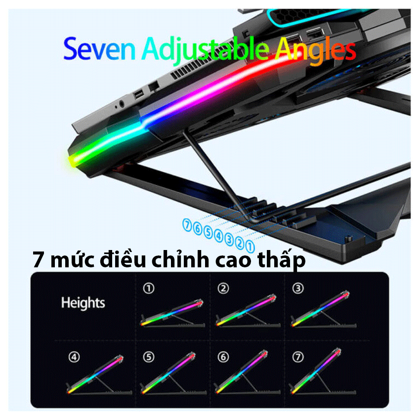 Đế tản nhiệt Laptop Coolcold K44 5 quạt màu xanh LED RGB