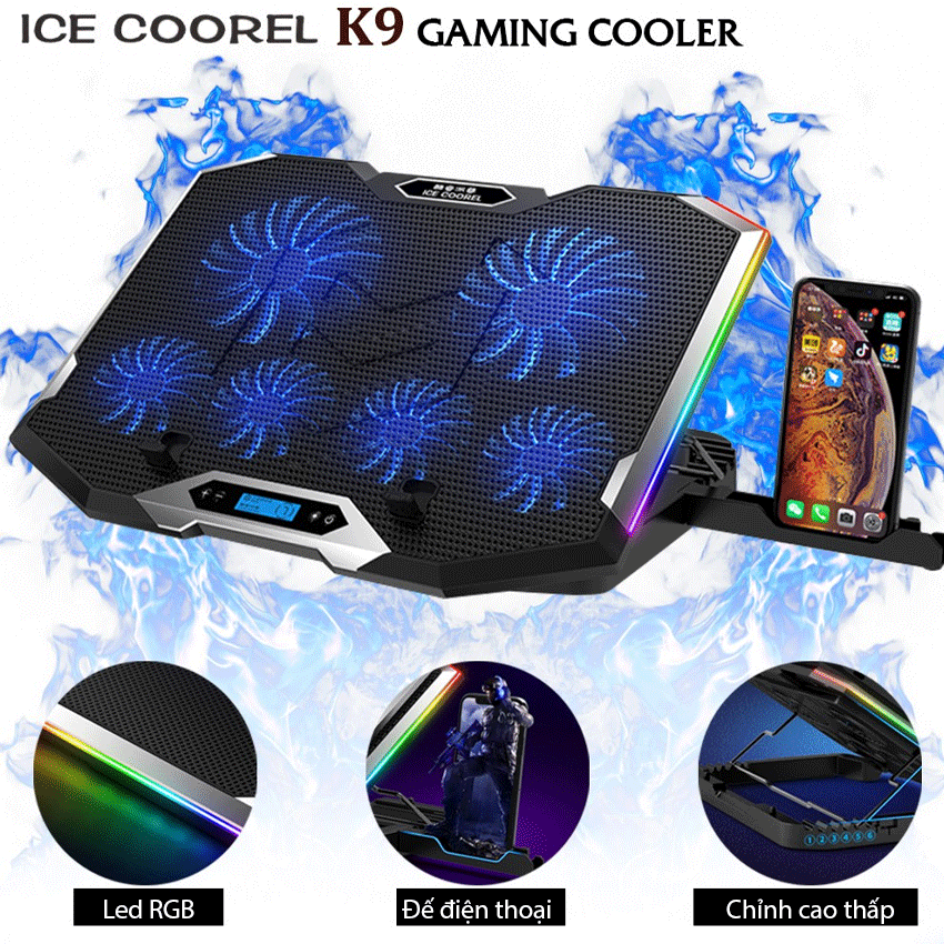 Đế tản nhiệt Laptop ICE Coorel K9 LED RGB 6 Quạt Làm Mát