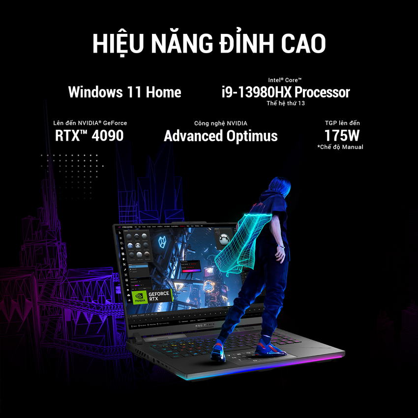 Laptop Asus ROG Strix SCAR 16 G634JZ-N4029W (i9 13980H/32GB RAM/1TB SSD/16 QHD 240Hz/RTX 4080 12GB/Win11/Đen/Balo/Chuột)