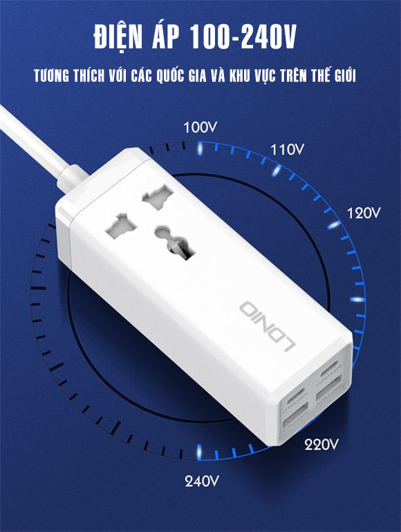 Ổ cắm điện nối dài kiêm Hub sạc nhanh LDNIO SC1418 - PD 65W - 01 chấu - 02 cổng USB + 02 cổng Type-C