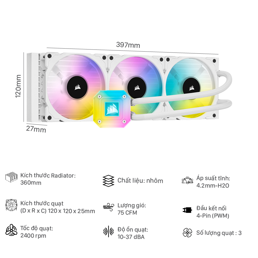 Tản nhiệt nước Corsair H150i ELITE CAPELLIX WHITE (CW-9060051-WW) - Hình 2
