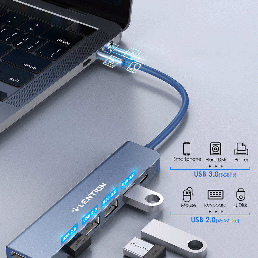 Bộ chuyển đổi Type C 6 trong 1 Lention CE17H  (Type-C sang HDMI, USB 3.0, 3 USB 2.0, PD) màu xanh