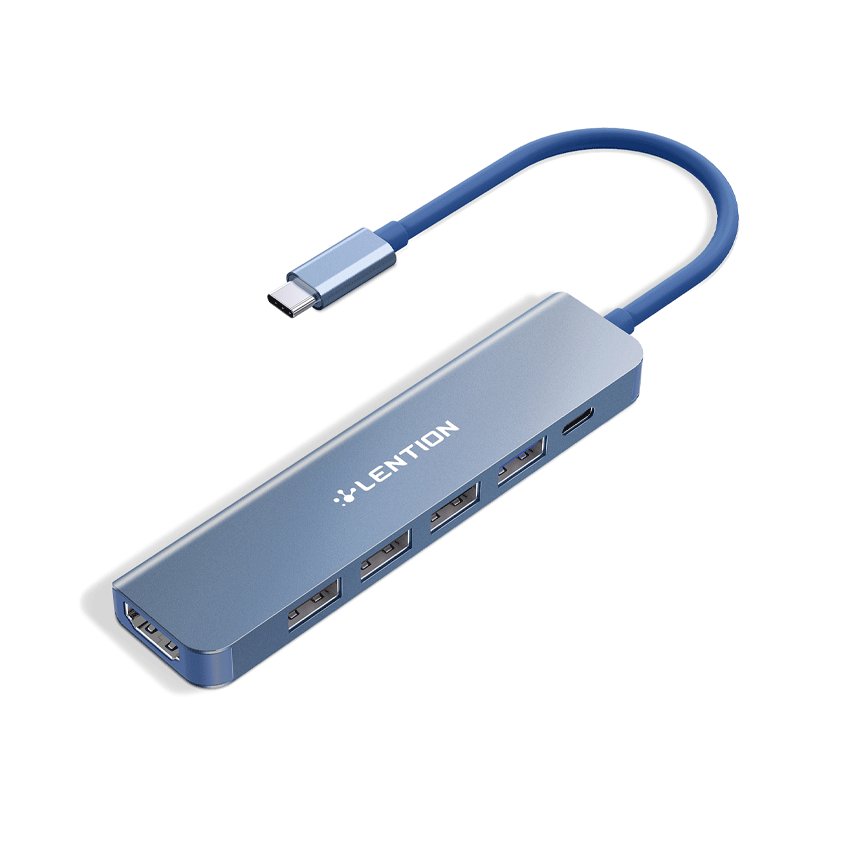 Bộ chuyển đổi Type C 6 trong 1 Lention CE17H  (Type-C sang HDMI, USB 3.0, 3 USB 2.0, PD) màu xanh
