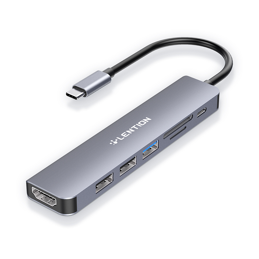 Bộ chuyển đổi USB-C 7 trong 1 Lention CE18HCR Xám (TYPE-C SANG HDMI, USB 3.0, 2 CỔNG USB 2.0, SD CARD, CỔNG SẠC PD)