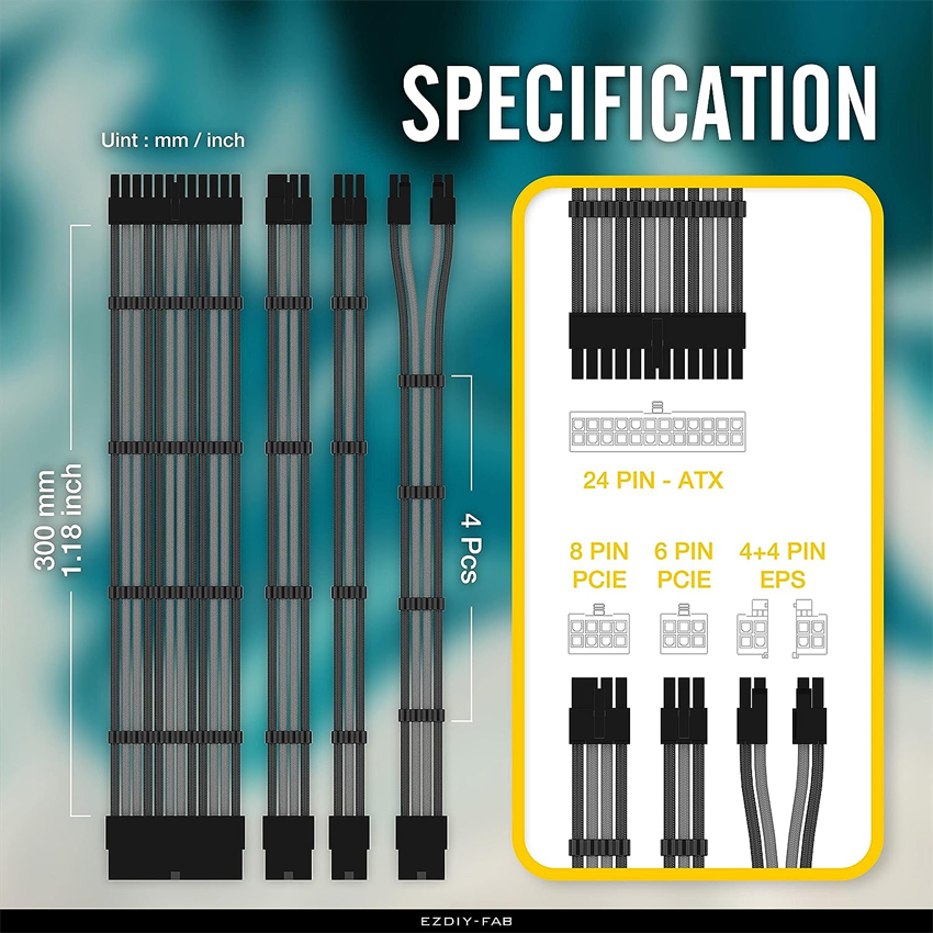 Bộ dây nguồn nối dài cho máy tính EZDIY 16AWG PSU Cable Extension 6 Cables - Black/Grey